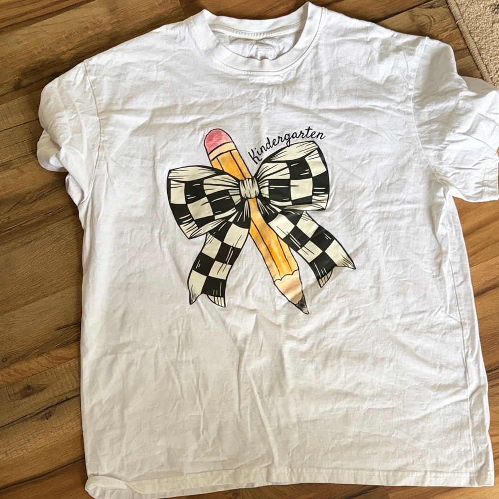 White Teacher Shirt with Checkered Bow Design